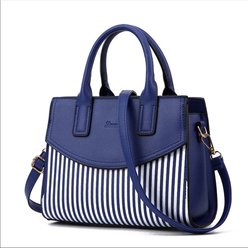 Blue & White Striped Pu Handbag